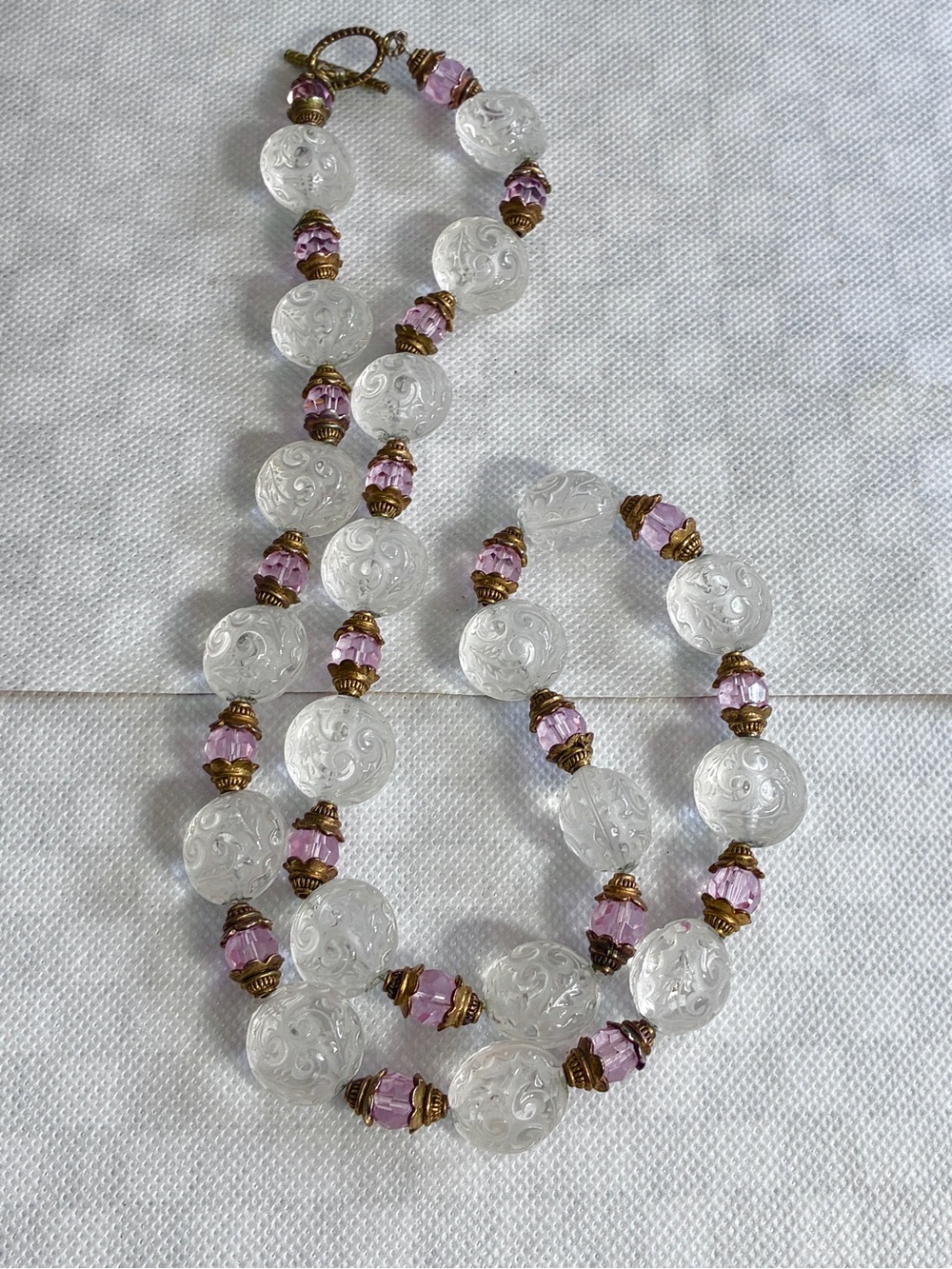 Handmade Clear Plastic with Brass Tone Covered Pink Beads Necklace